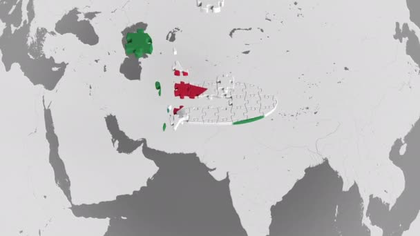 Quebra-cabeça do avião com a bandeira da Jordânia contra o mapa do mundo. Turismo jordaniano animação 3D conceitual — Vídeo de Stock