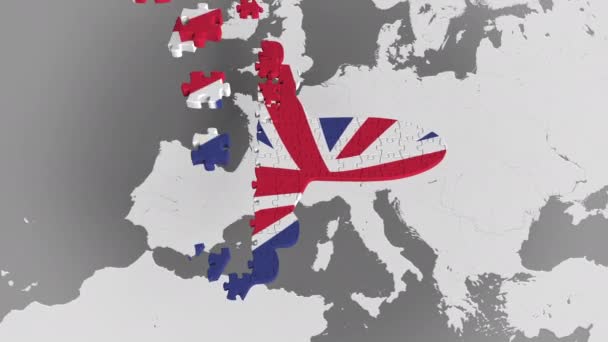 Flugzeug-Puzzle mit der britischen Flagge auf der Weltkarte. Großbritannien Tourismus konzeptionelle 3D-Animation — Stockvideo