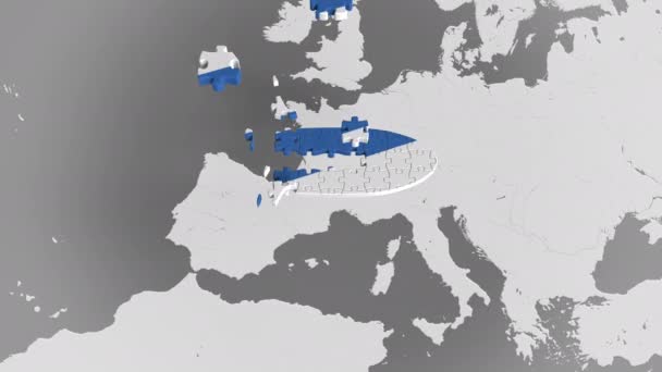 Puzzle de avión con bandera de Grecia contra el mapa del mundo. Turismo griego animación conceptual 3D — Vídeos de Stock