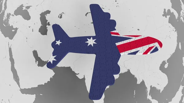 Αεροπλάνο παζλ που χαρακτηρίζει σημαία της Αυστραλίας ενάντια στον παγκόσμιο χάρτη. Αυστραλιανή τουρισμού εννοιολογική 3d rendering — Φωτογραφία Αρχείου