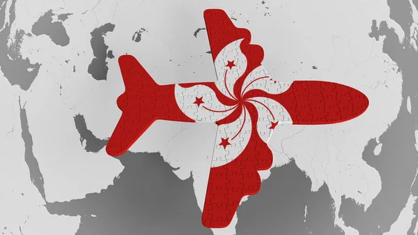 Puzzle d'avion avec drapeau de Hong Kong contre la carte du monde. Tourisme rendu 3D conceptuel — Photo