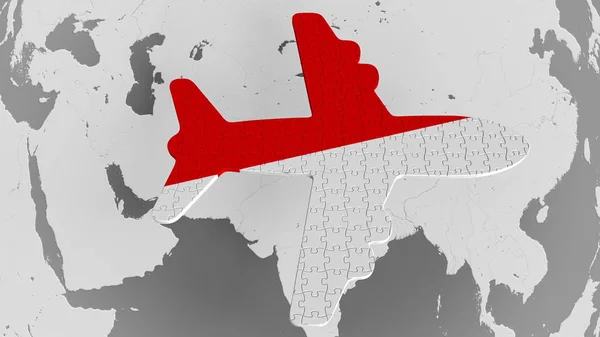 Flugzeug-Puzzle mit der Flagge Indonesiens auf der Weltkarte. Konzeptionelle 3D-Darstellung des indonesischen Tourismus — Stockfoto
