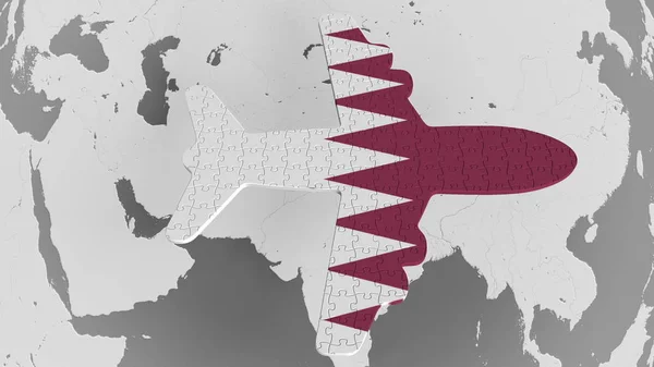 Airplane puzzle featuring flag of Qatar against the world map. Qatari tourism conceptual 3D rendering — Stock Photo, Image