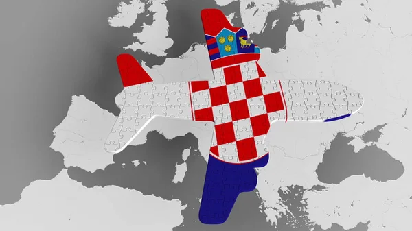 Letadlo puzzle představovat vlajka Chorvatska proti mapa světa. Chorvatského cestovního ruchu koncepční 3d vykreslování — Stock fotografie