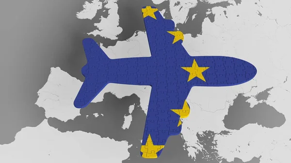 Puzzle de aviones con bandera de la Unión Europea contra el mapa mundial. Renderizado 3D conceptual del turismo de la UE — Foto de Stock