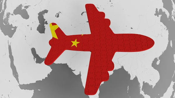 Samolot puzzle z flaga Chin przeciwko mapie świata. Chiński turystyka pojęciowy renderowania 3d — Zdjęcie stockowe