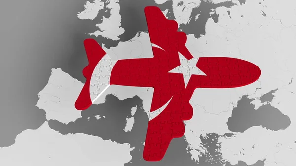 Αεροπλάνο παζλ που χαρακτηρίζει σημαία της Τουρκίας ενάντια στον παγκόσμιο χάρτη. Τουρκική τουριστική εννοιολογική 3d rendering — Φωτογραφία Αρχείου