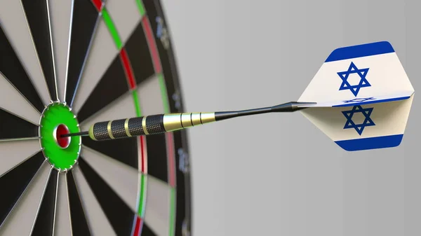 Dart featuring flag of Israel hits bullseye of the target. Sports or political success related conceptual 3D rendering — Stock Photo, Image