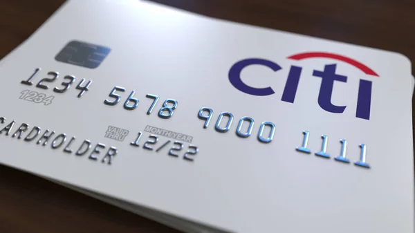 Plast bankkort med logotypen för Citibank. Redaktionella konceptuell 3d-rendering — Stockfoto