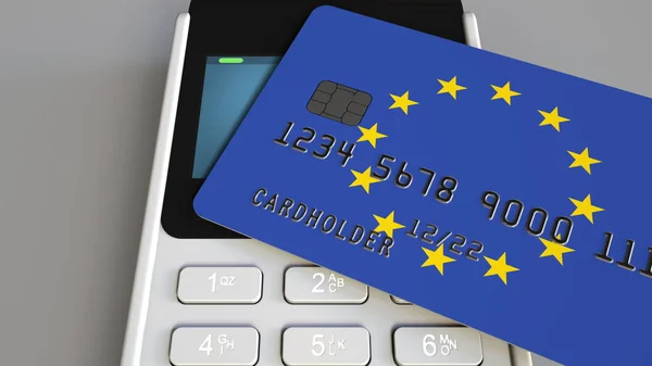 Paiement ou terminal POS avec carte de crédit avec drapeau de l'Union européenne. Commerce de détail ou système bancaire de l'UE rendu 3D conceptuel — Photo