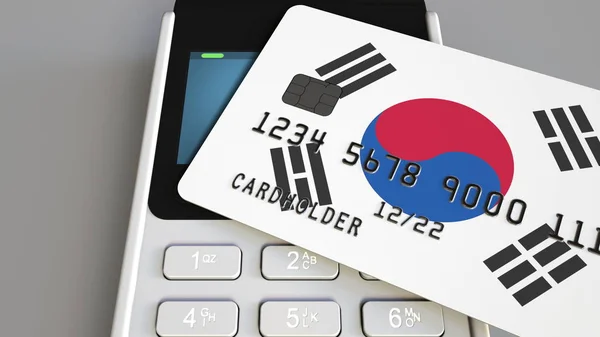 Zahlung oder Pos-Terminal mit Kreditkarte mit südkoreanischer Flagge. Koreanisches Einzelhandels- oder Bankensystem konzeptionelle 3D-Darstellung — Stockfoto