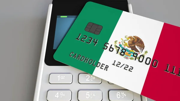 Betalings- eller POS-terminal med kredittkort som viser Mexicos flagg. Mexicansk detaljhandel eller banksystemkonseptuell 3D-gjengivelse – stockfoto