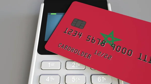 Платежный или POS-терминал с кредитной картой с изображением флага Морено. Концептуальная 3D рендеринг марокканской розничной торговли или банковской системы — стоковое фото