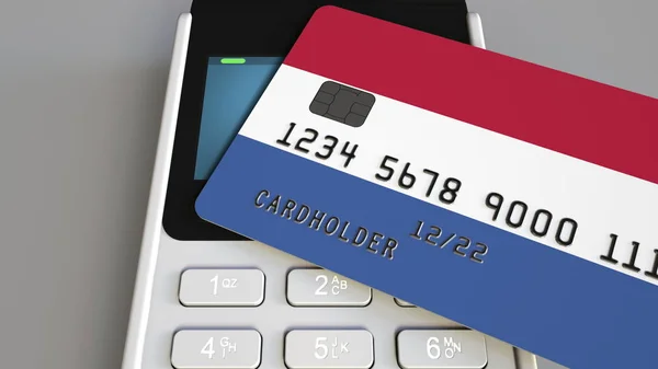 지불 또는 신용 카드는 네덜란드의 국기를 갖춘 Pos 터미널. 네덜란드 소매 상거래 또는 금융 시스템 개념 3 차원 렌더링 — 스톡 사진