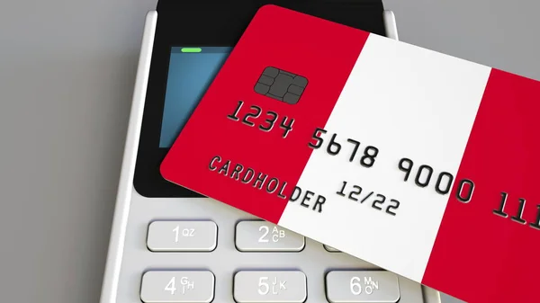 Платежный или POS-терминал с кредитной картой с изображением флага Перу. Перуанская розничная торговля или банковская система концептуального 3D рендеринга — стоковое фото