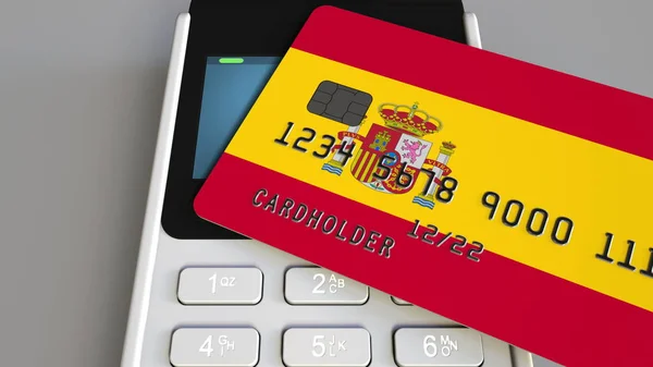 Pagamento ou terminal POS com cartão de crédito com bandeira da Espanha. Comércio de varejo espanhol ou sistema bancário conceitual renderização 3D — Fotografia de Stock