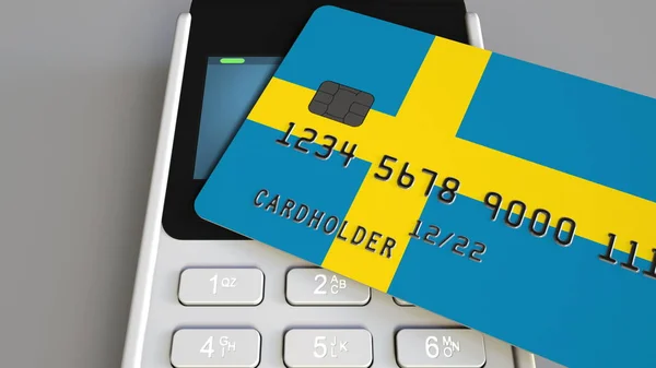 Платежный или POS-терминал с кредитной картой с изображением флага Швеции. Концептуальный 3D рендеринг шведской розничной торговли или банковской системы — стоковое фото