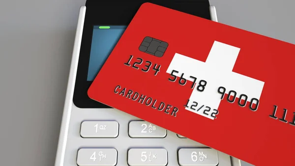 Terminale di pagamento o POS con carta di credito con bandiera svizzera. Commercio al dettaglio o sistema bancario svizzero rendering 3D concettuale — Foto Stock