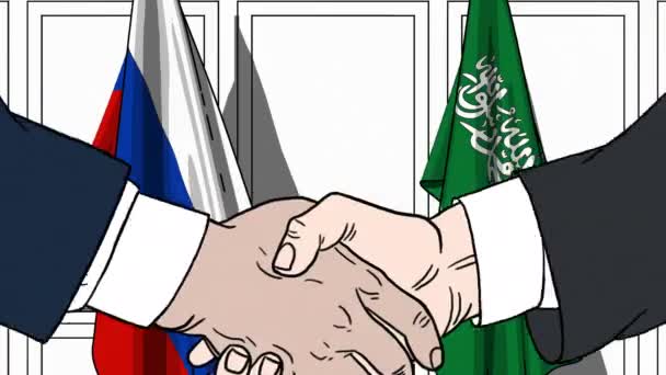 व्यावसायिक किंवा राजकारणी रशिया आणि सौदी अरेबियाच्या ध्वजांविरूद्ध हातमिळवणी करतात. बैठक किंवा सहकार्य संबंधित कार्टून अॅनिमेशन — स्टॉक व्हिडिओ
