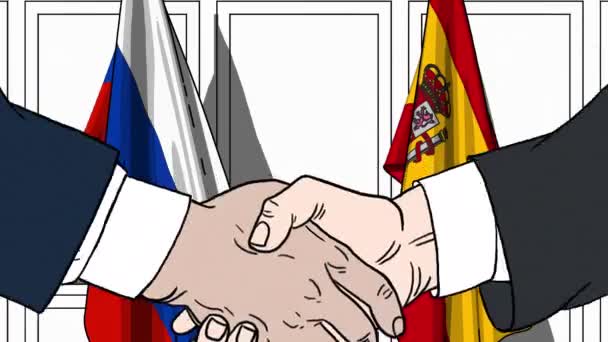 Businessmen or politicians shaking hands against flags of Russia and Spain. Meeting or cooperation related cartoon animation — Stock Video