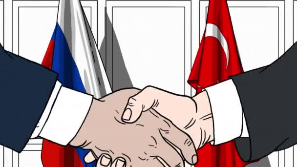 Affärsmän eller politiker skakar hand mot flaggor av Ryssland och Turkiet. Möte eller samarbete med tecknad animation — Stockvideo
