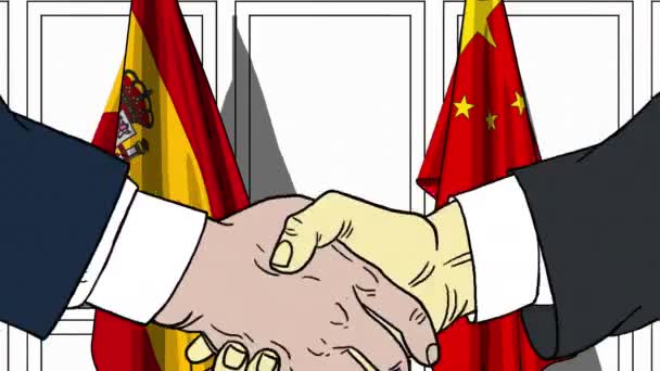Empresarios o políticos estrechando la mano contra banderas de España y China. Animación de dibujos animados relacionados con reuniones o cooperación — Vídeos de Stock