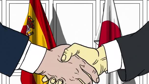 Des hommes d'affaires ou des politiciens serrant la main contre les drapeaux de l'Espagne et du Japon. Animation de dessin animé liée à une réunion ou coopération — Video