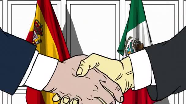 Biznesmenów i polityków, drżenie rąk przed flagi Hiszpanii i Meksyku. Spotkanie lub współpracy z filmów animowanych — Wideo stockowe
