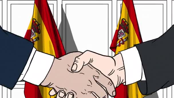 Affärsmän eller politiker skakar hand mot flaggor av Spanien. Möte eller samarbete med tecknad animation — Stockvideo