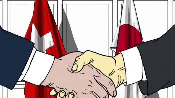 Empresários ou políticos apertando as mãos contra bandeiras da Suíça e do Japão. Animação de desenhos animados relacionados com reuniões ou cooperação — Vídeo de Stock