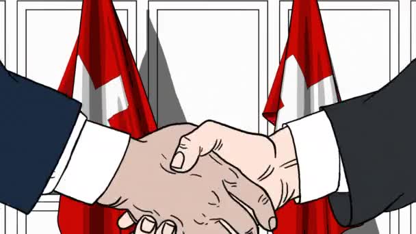 Uomini d'affari o politici stringono la mano contro le bandiere della Svizzera. Animazione dei cartoni animati collegata alla riunione o alla cooperazione — Video Stock