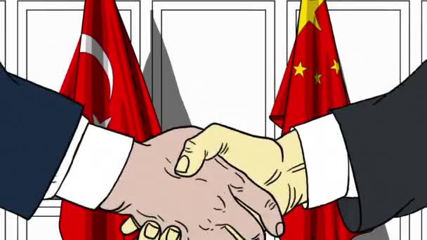 Businessmen or politicians shaking hands against flags of Turkey and China. Meeting or cooperation related cartoon animation — Stock Video