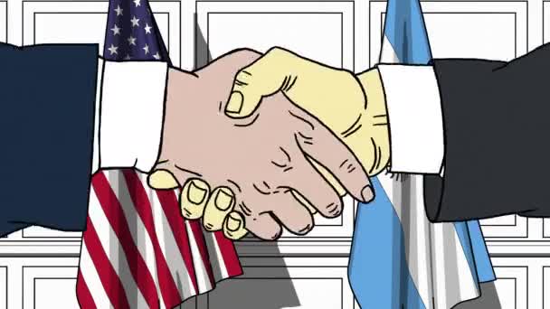 Επιχειρηματίες ή πολιτικοί χειραψία κατά σημαίες των ΗΠΑ και την Αργεντινή. Συνάντηση ή συνεργασίας που σχετίζονται με κινούμενα σχέδια — Αρχείο Βίντεο