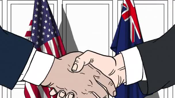 Empresarios o políticos estrechando las manos contra banderas de Estados Unidos y Australia. Animación de dibujos animados relacionados con reuniones o cooperación — Vídeos de Stock