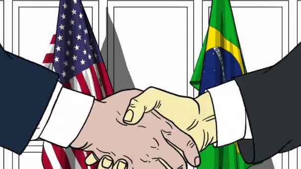 Empresários ou políticos apertando as mãos contra bandeiras dos EUA e do Brasil. Animação de desenhos animados relacionados com reuniões ou cooperação — Vídeo de Stock