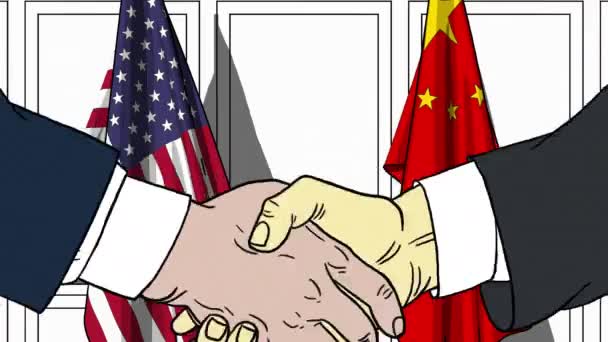 Бизнесмены или политики пожимают руку флагу США и Китая. Встреча или сотрудничество в области мультипликации — стоковое видео