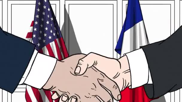 Des hommes d'affaires ou des politiciens serrant la main contre les drapeaux des États-Unis et de la France. Animation de dessin animé liée à une réunion ou coopération — Video