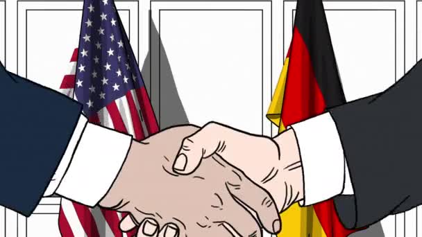 Des hommes d'affaires ou des politiciens serrant la main contre les drapeaux des États-Unis et de l'Allemagne. Animation de dessin animé liée à une réunion ou coopération — Video