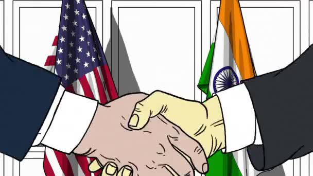 ビジネスマンや政治家は、アメリカとインドの国旗に対して手を振ってします。会議や協力関連漫画アニメ — ストック動画