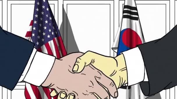 Uomini d'affari o politici stringono la mano contro le bandiere degli Stati Uniti e della Corea. Animazione dei cartoni animati collegata alla riunione o alla cooperazione — Video Stock