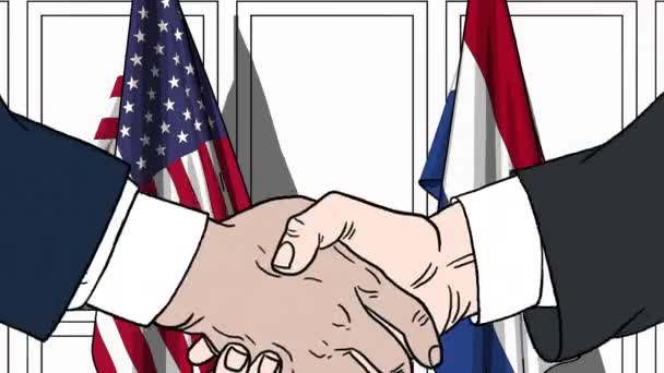 Uomini d'affari o politici stringono la mano contro le bandiere degli Stati Uniti e dei Paesi Bassi. Animazione dei cartoni animati collegata alla riunione o alla cooperazione — Video Stock