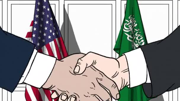 Geschäftsleute oder Politiker schütteln Hände gegen Flaggen der USA und Saudi-Arabiens. Treffen oder Zusammenarbeit im Zusammenhang mit Zeichentrickfilmen — Stockvideo