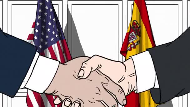 Uomini d'affari o politici stringono la mano contro le bandiere degli Stati Uniti e della Spagna. Animazione dei cartoni animati collegata alla riunione o alla cooperazione — Video Stock