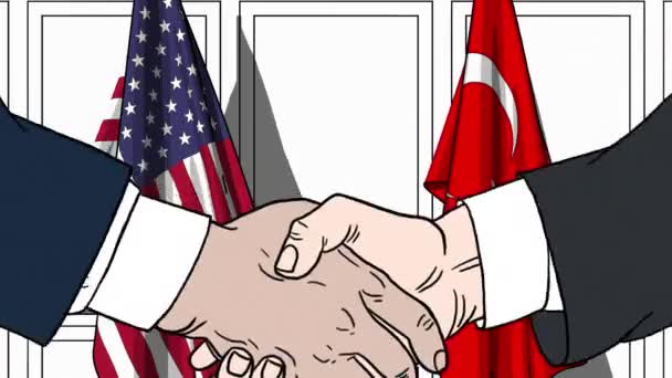 Des hommes d'affaires ou des politiciens serrant la main contre les drapeaux des États-Unis et de la Turquie. Animation de dessin animé liée à une réunion ou coopération — Video