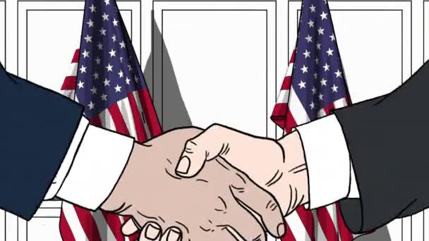 Businessmen or politicians shaking hands against flags of USA. Meeting or cooperation related cartoon animation — Stock Video