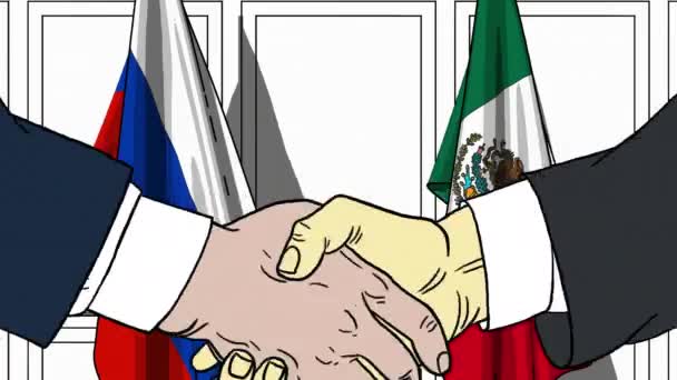 Zakenlieden of politici schudden handen tegen de lijst van vlaggen van Rusland en Mexico. Vergadering of samenwerking gerelateerde cartoon-animatie — Stockvideo