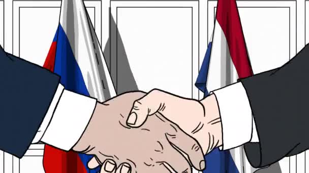 Zakenlieden of politici schudden handen tegen de lijst van vlaggen van Rusland en Nederland. Vergadering of samenwerking gerelateerde cartoon-animatie — Stockvideo