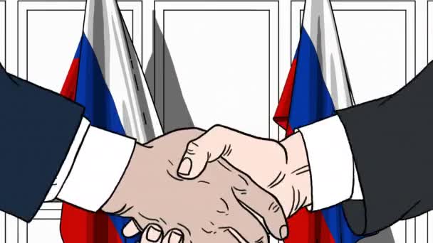 Empresarios o políticos estrechando las manos contra las banderas de Rusia. Animación de dibujos animados relacionados con reuniones o cooperación — Vídeos de Stock