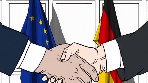 Businessmen or politicians shaking hands against flags of EU and Germany. Meeting or cooperation related cartoon animation — Stock Video