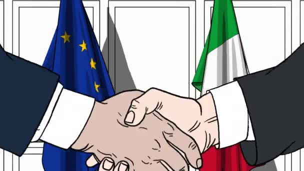 Affärsmän eller politiker skakar hand mot flaggor av Eu och Italien. Möte eller samarbete med tecknad animation — Stockvideo